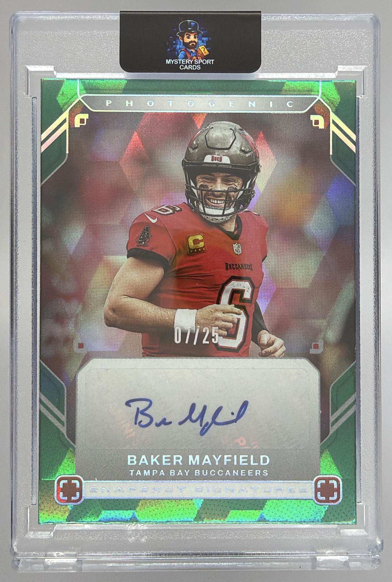 Card image for 2025 Panini PhotoGenic Baker Mayfield Snapshot Signatures #27 Auto Buccaneers