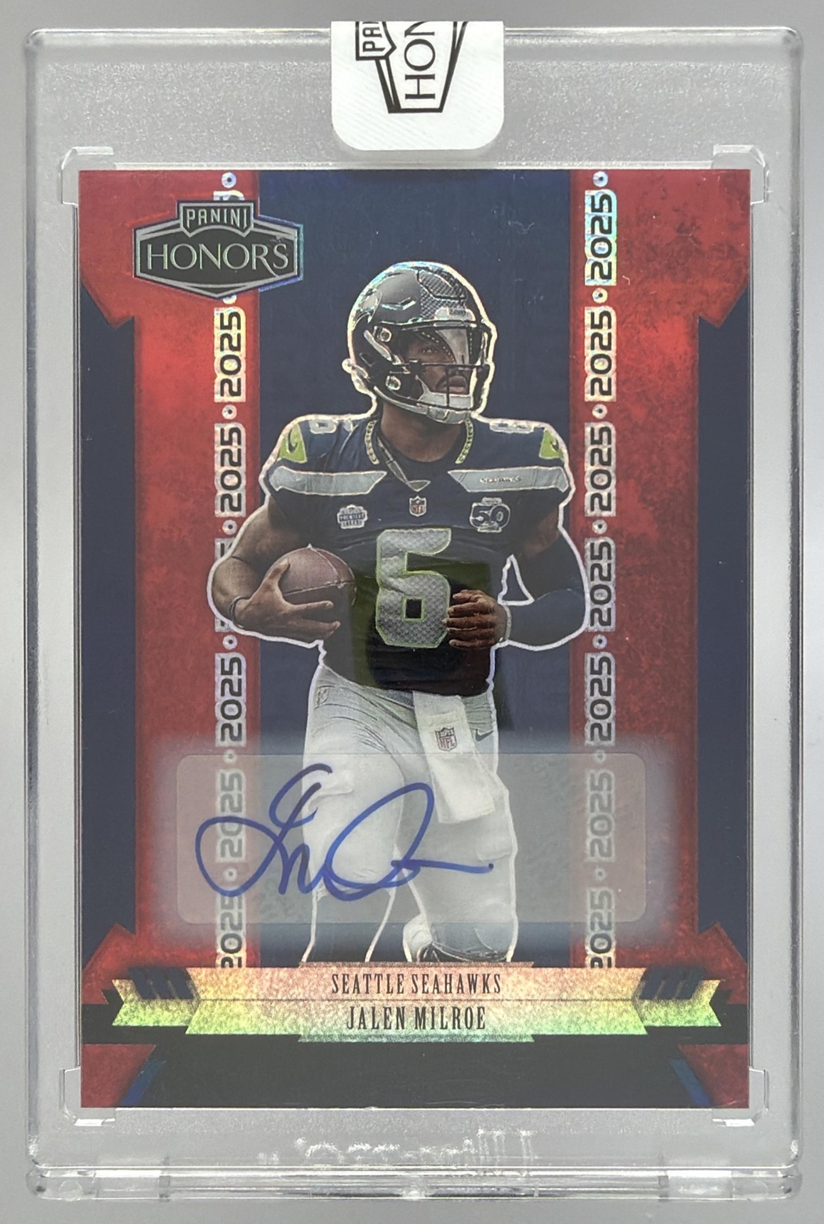 Card image for 2025 Panini Honors Jalen Milroe 2005 Rookies Signatures Red /35 #13 RC Auto Seahawks