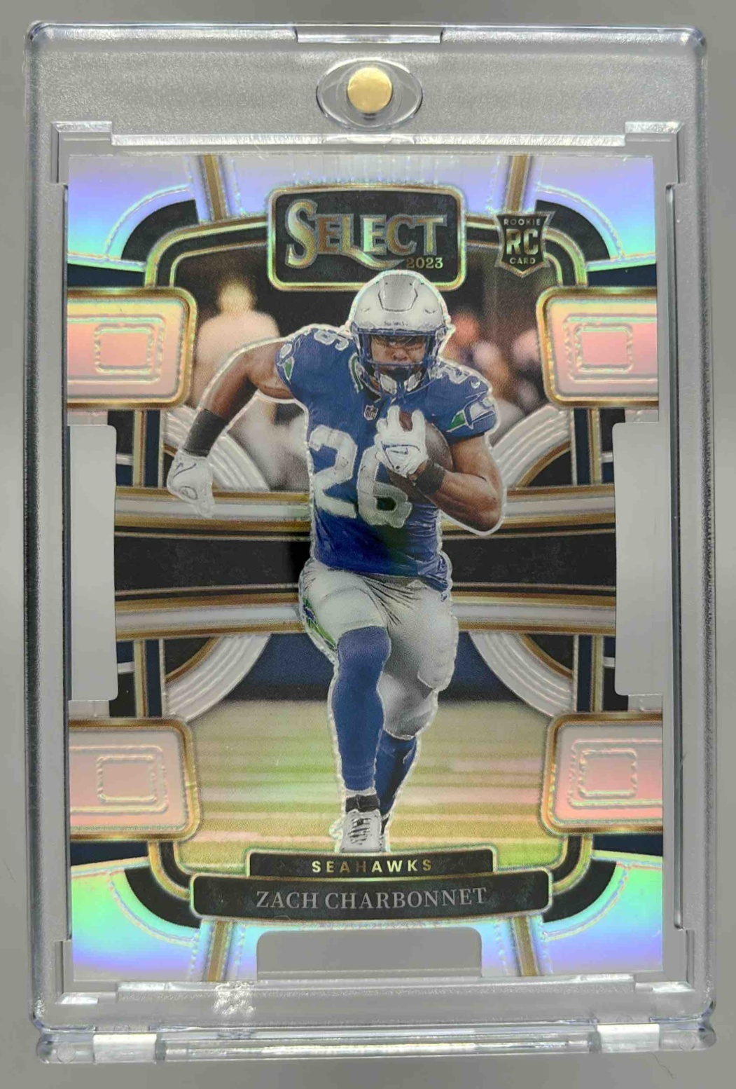 Card image for 2023 Panini Select Zach Charbonnet Silver Prizms Die Cut #86 RC Concourse Seahawks