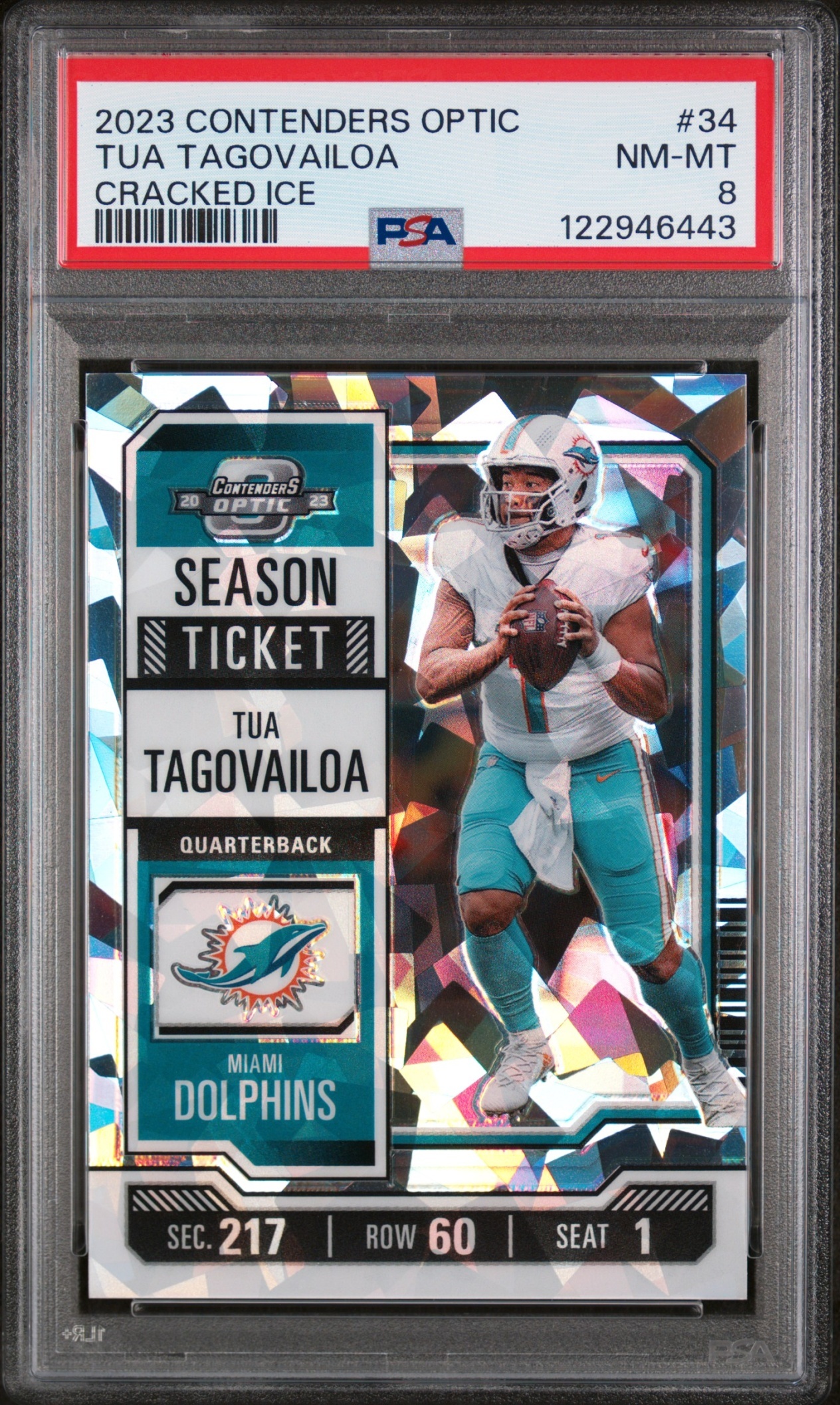 Card image for 2023 Panini Contenders Optic Tua Tagovailoa Cracked Ice /22 #34 Season Ticket Dolphins