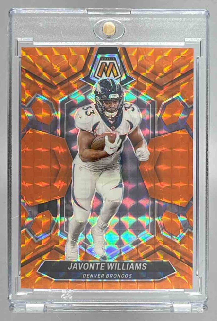 Card image for 2024 Panini Mosaic Javonte Williams Orange Prizm /199 #65 Broncos