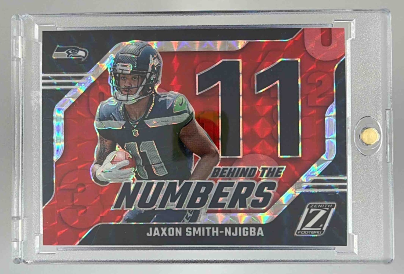 Card image for 2023 Panini Zenith Jaxon Smith-Njigba Behind the Numbers Red #12 RC Seahawks