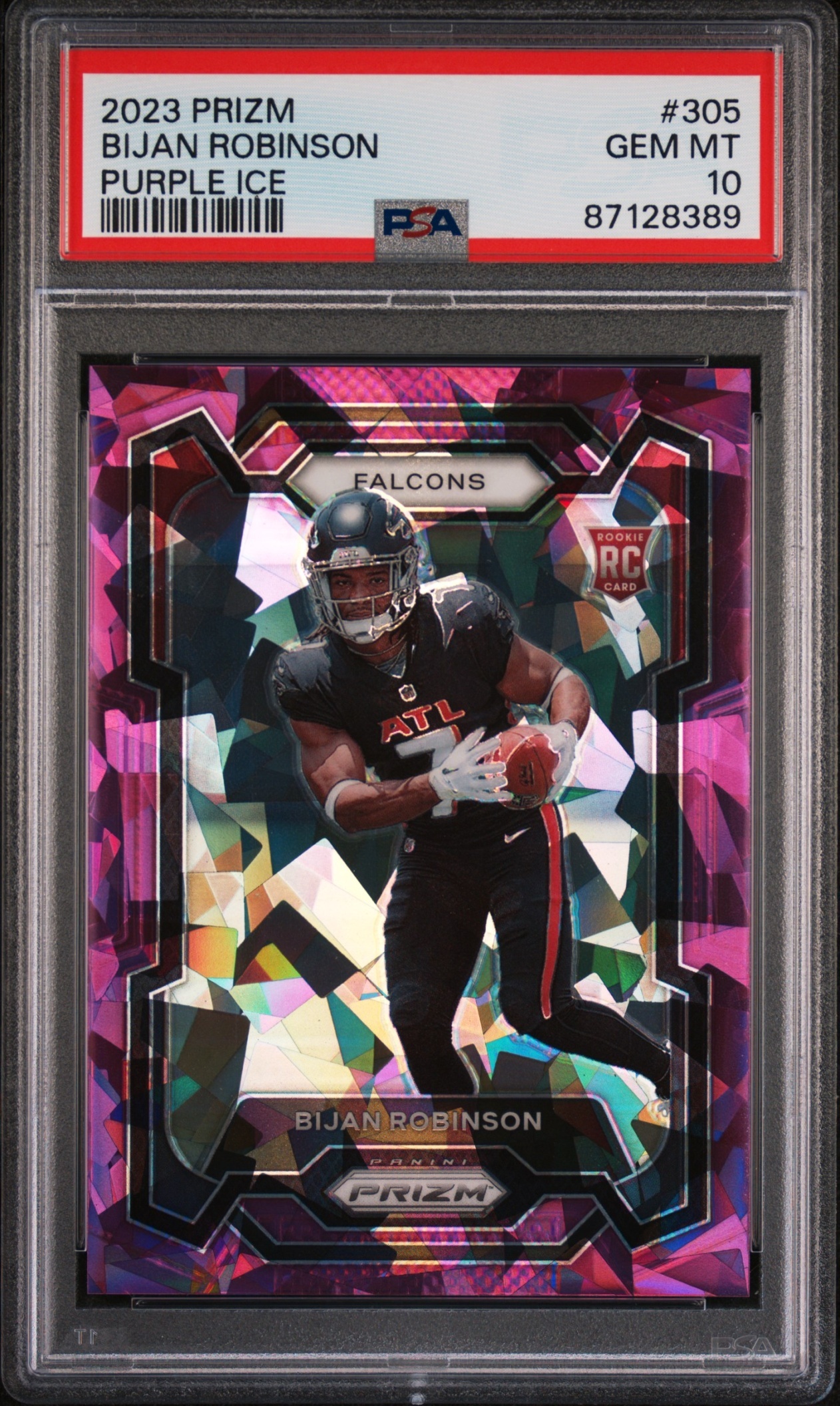 Card image for 2023 Panini Prizm Bijan Robinson Purple Ice /225 #305 RC Falcons