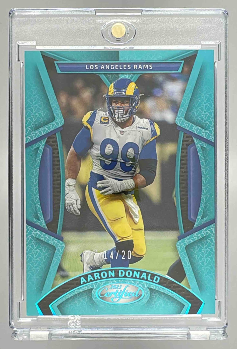 Card image for 2023 Panini Certified Aaron Donald Teal FOTL Mirror /20 #87 Rams