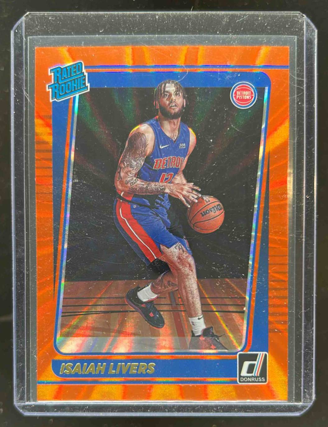 Card image for 2021-22 PANINI DONRUSS ISAIAH LIVERS #227 HOLO ORANGE LASER RC DETROIT PISTONS