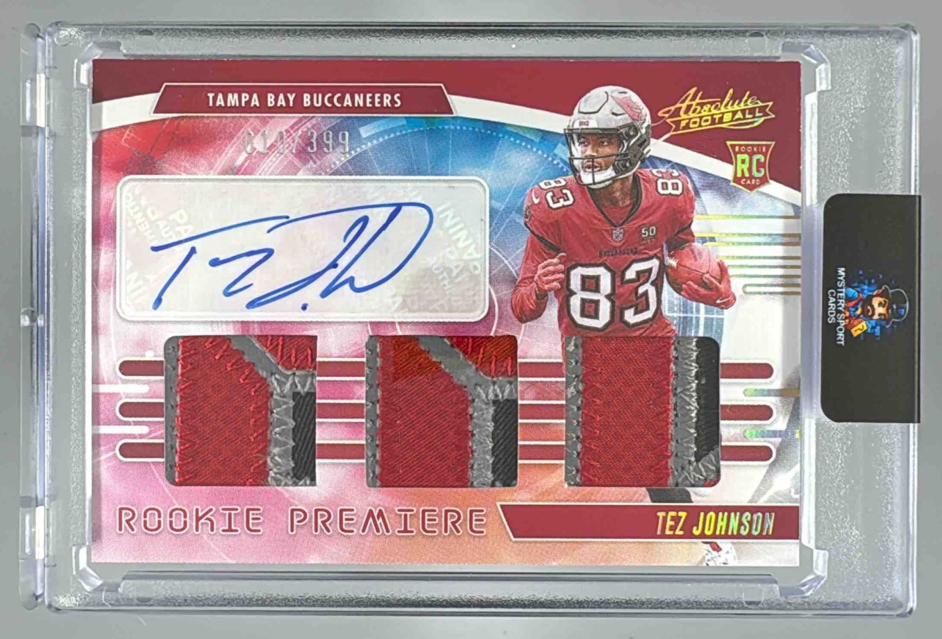 Card image for 2025 Panini Absolute Tez Johnson Rookie Premiere Materials Autos /399 #RPM-TJN MEM RC Auto Buccaneers