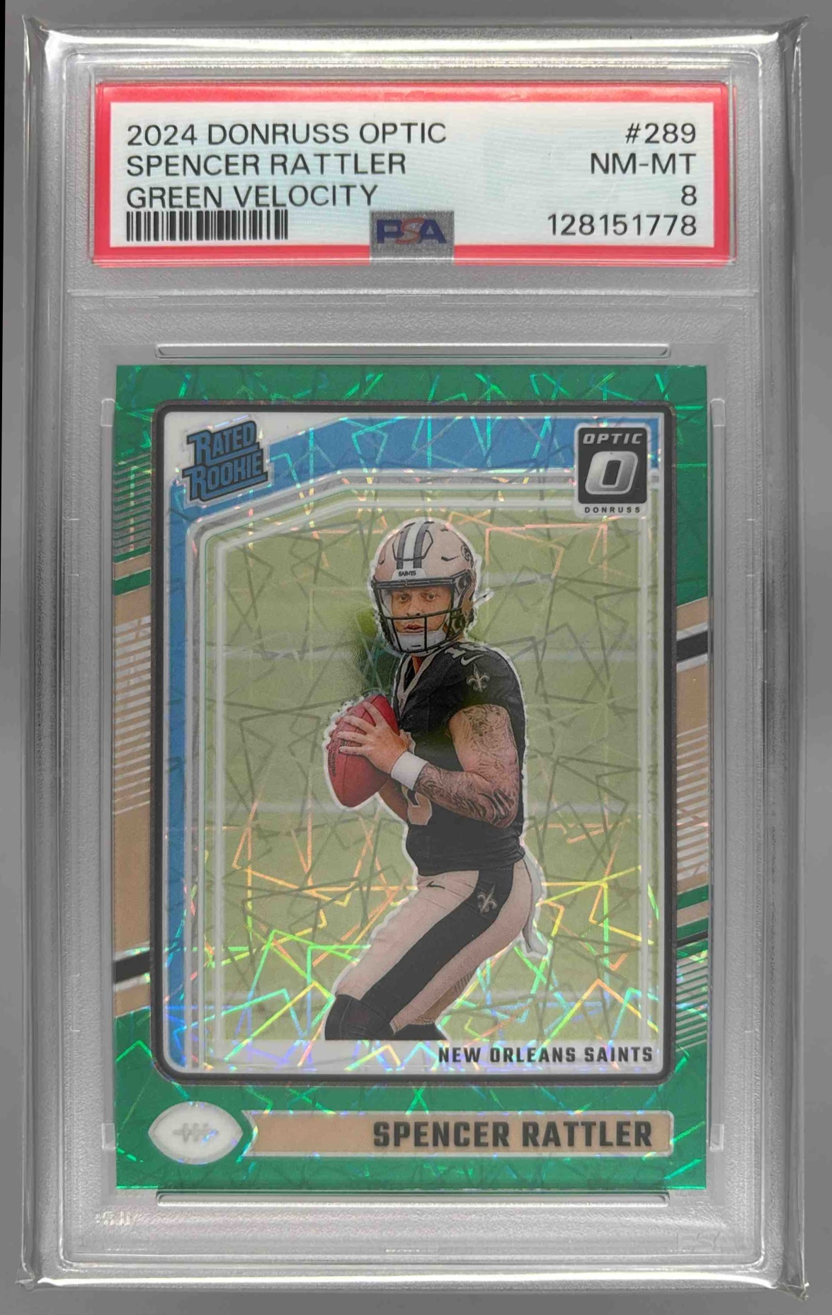 Card image for 2024 Panini Donruss Optic Spencer Rattler Green Velocity #289 Rated Rookie Saints