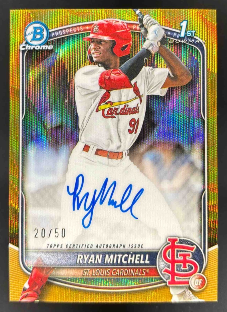 Card image for 2025 Bowman Draft Ryan Mitchell Chrome Auto Gold Wave Refractor /50 1st Prospect