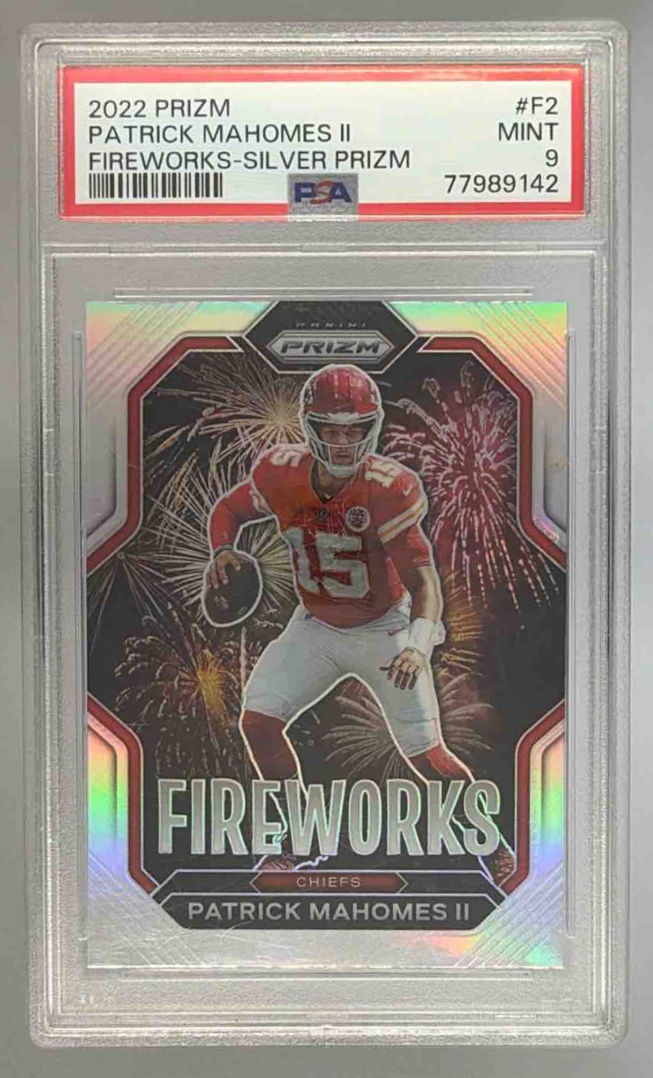 Card image for 2022 Panini Prizm Patrick Mahomes II Fireworks Purple Power Prizms /49 #F-2 Chiefs