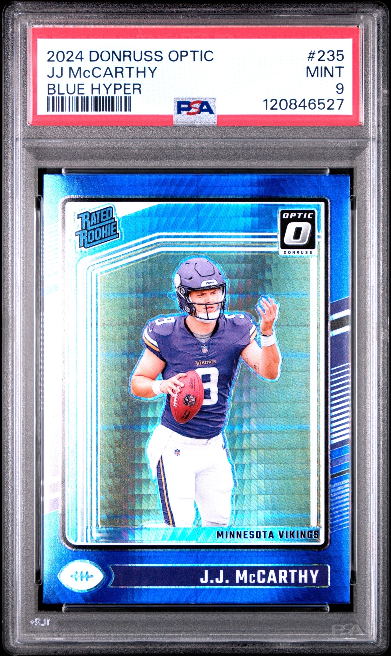Card image for 2024 Panini Donruss Optic J.J. McCarthy Blue Hyper #235 Rated Rookie Vikings