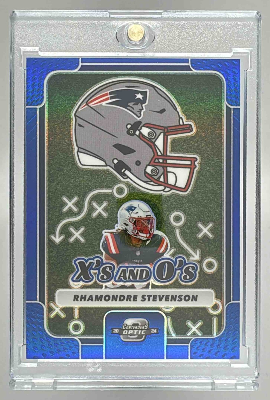 Card image for 2024 Panini Contenders Optic Rhamondre Stevenson X's and O's Blue Prizm /99 #XO-RSN Patriots