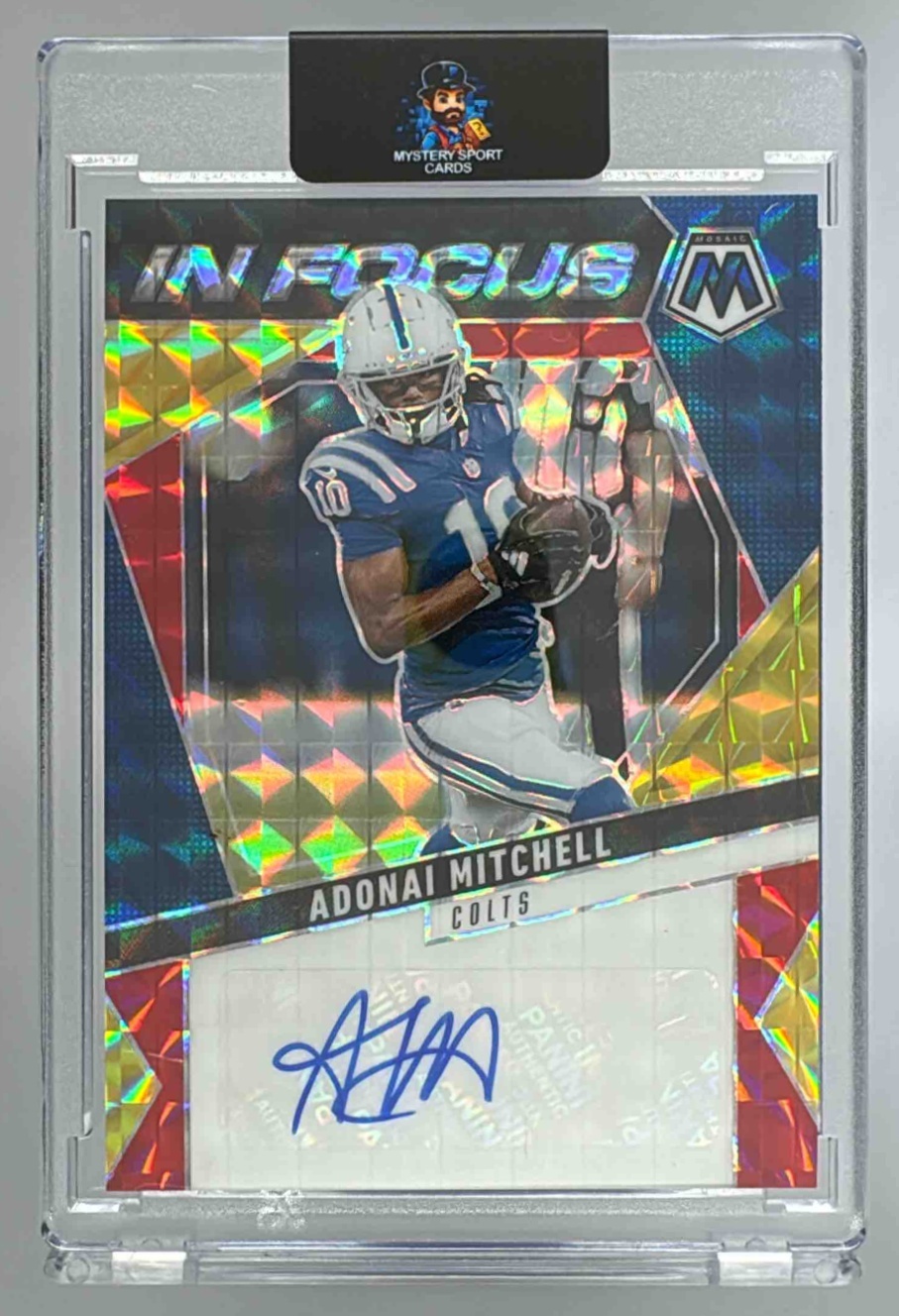 Card image for 2025 Panini Mosaic Adonai Mitchell In Focus Signatures #IFS-AML Auto Colts