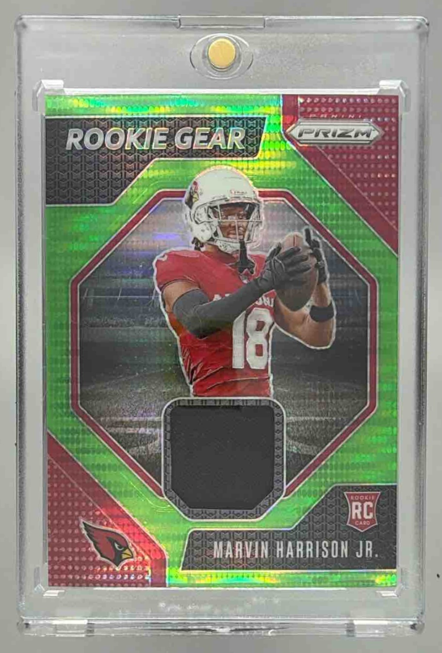 Card image for 2024 Panini Prizm Marvin Harrison Jr. Rookie Gear Neon Green Pulsar #RG-MHJ MEM RC Cardinals