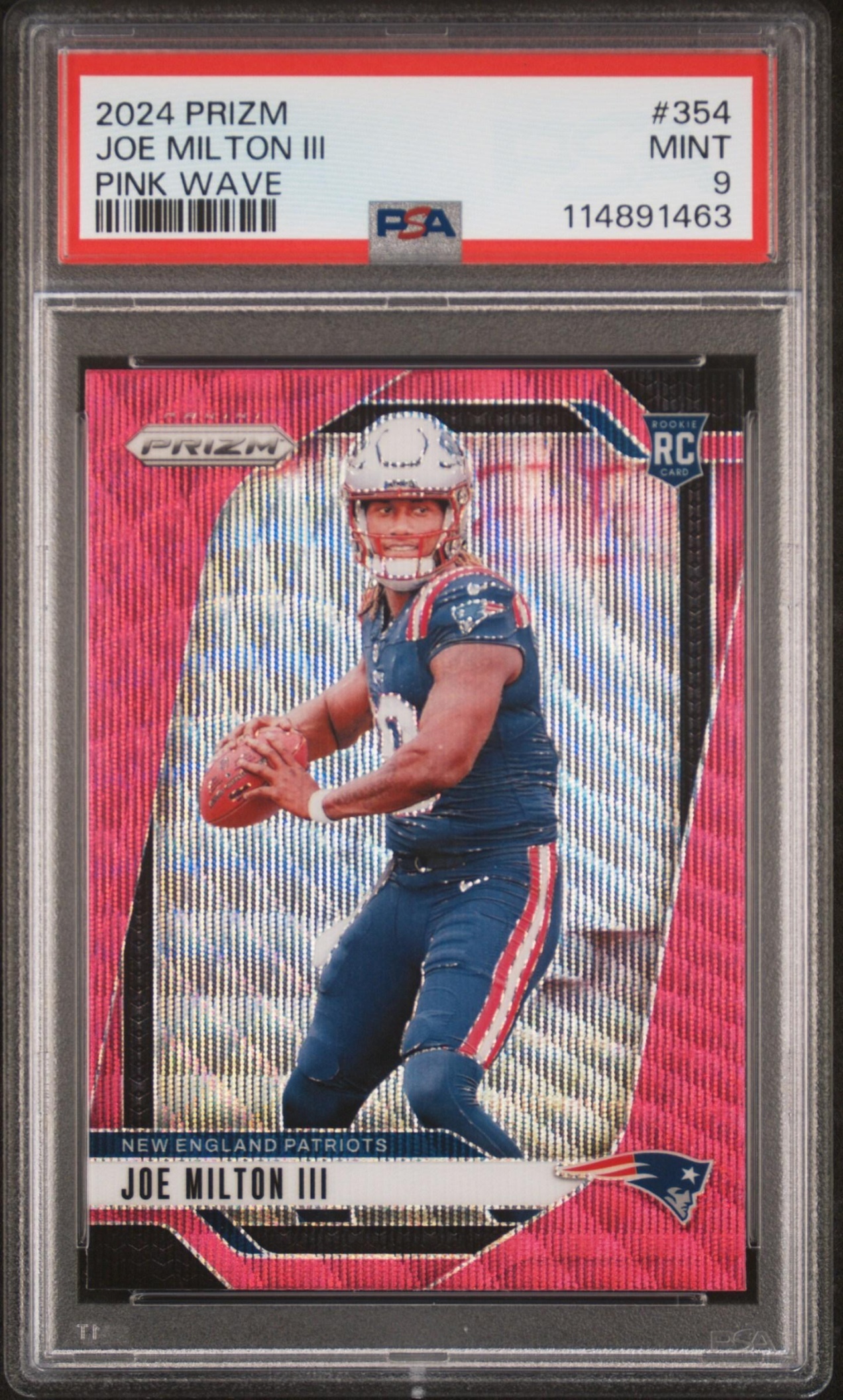 Card image for 2024 Panini Football Prizm Joe Milton III Pink Wave #354 RC New England Patriots