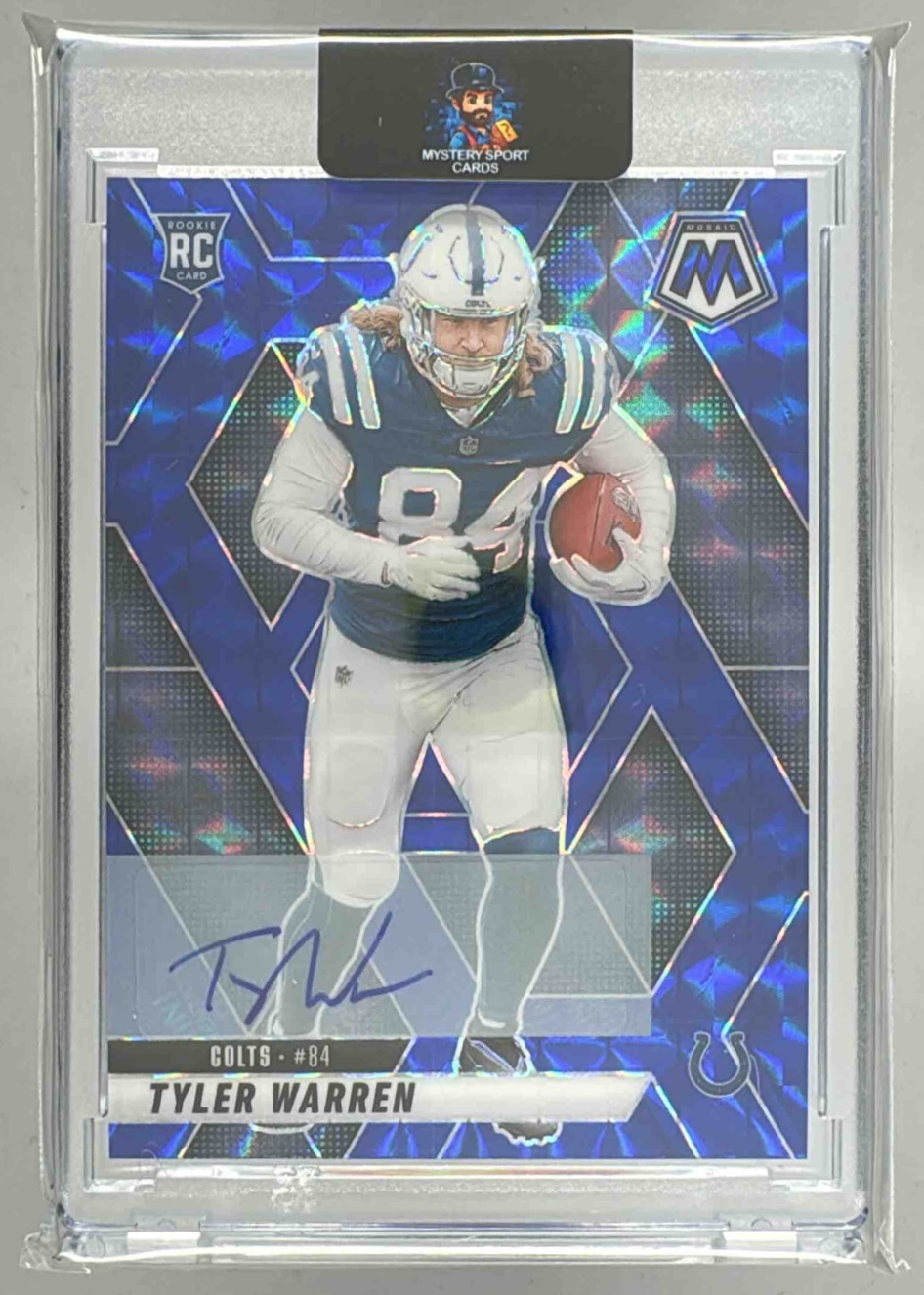 Card image for 2025 Panini Mosaic Tyler Warren Rookie Auto Blue Prizm /99 #354 RC Colts
