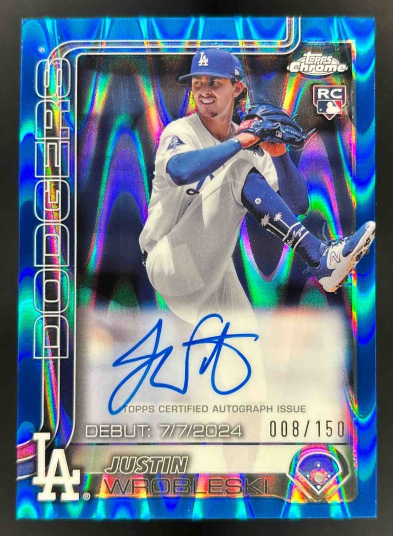 Card image for 2025 Topps Chrome U Justin Wrobleski RC Debut Auto Blue RayWave Refractor /150