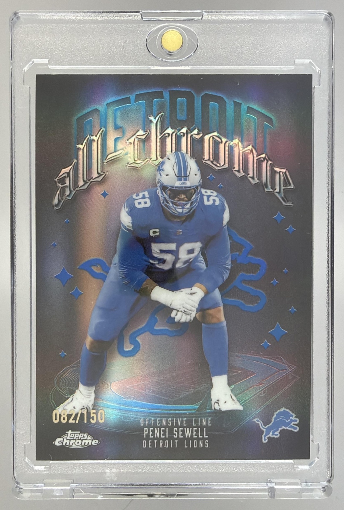 Card image for 2025 Topps Chrome Penei Sewell All Team Blue Refractor /150 #ACT-13 Lions