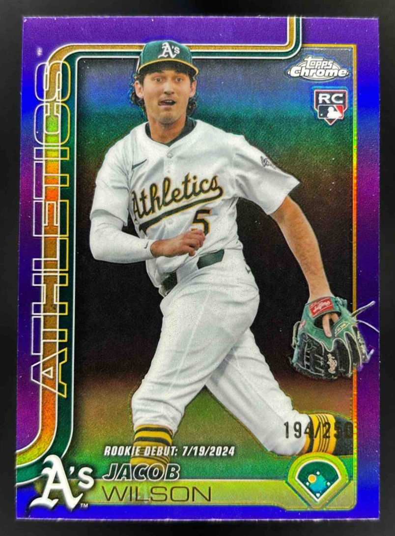 Card image for 2025 Topps Chrome Update Jacob Wilson Purple Refractor /250 #USC150 RC Athletics