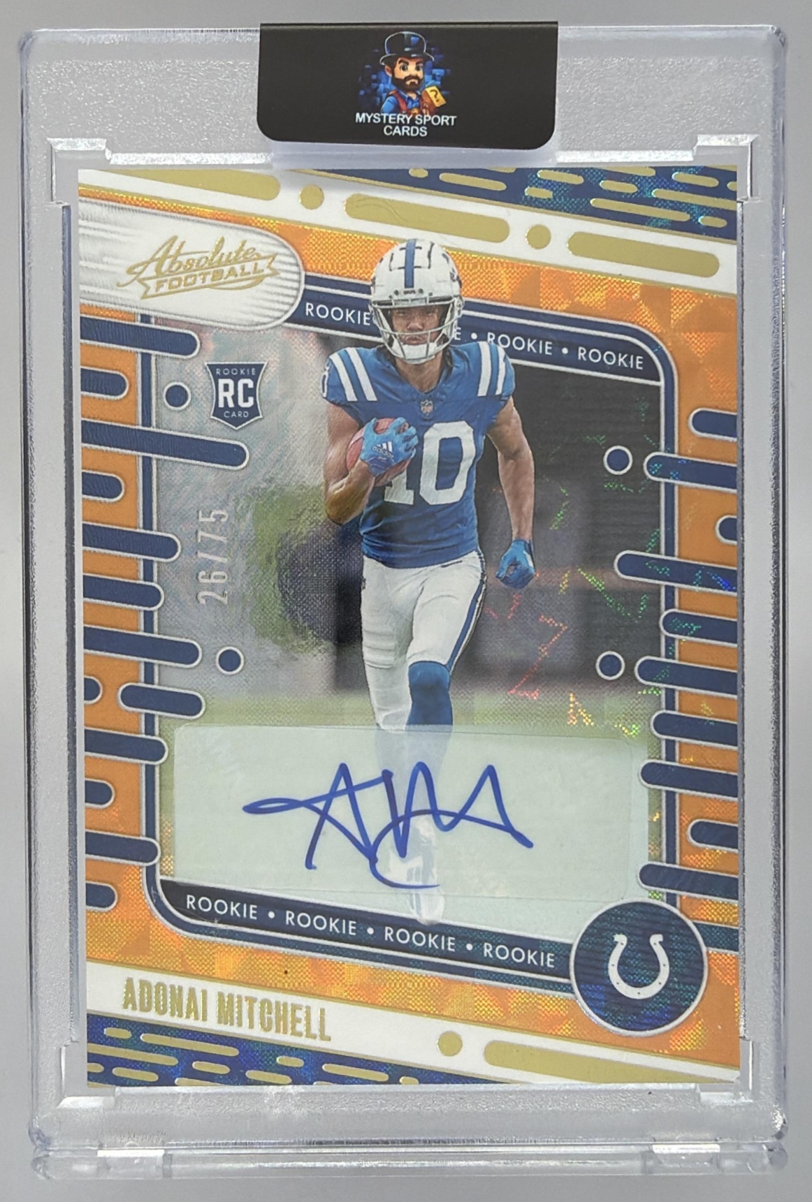 Card image for 2024 Panini Absolute Adonai Mitchell Signature Rookies Orange Spectrum /75 #151 Auto RC Colts