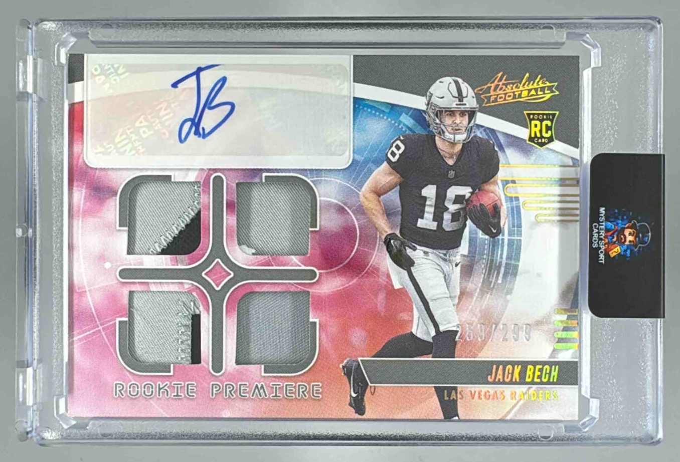 Card image for 2025 Panini Absolute Jack Bech Rookie Premiere Materials Autos Quad /299 #RPM-JBH MEM RC Auto Raiders
