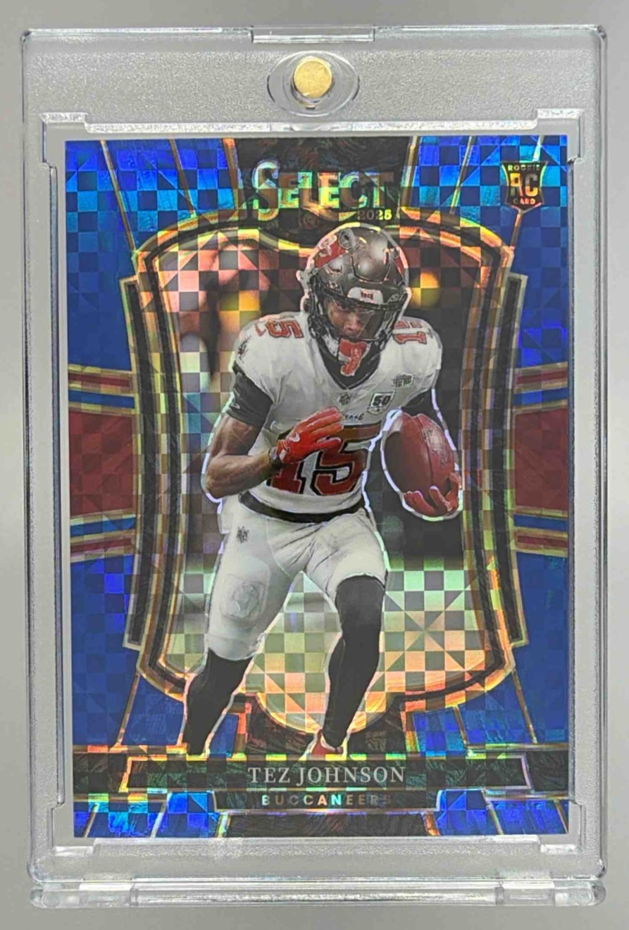 Card image for 2025 Panini Select Tez Johnson Premier Level Blue Prizm /175 #138 RC Buccaneers