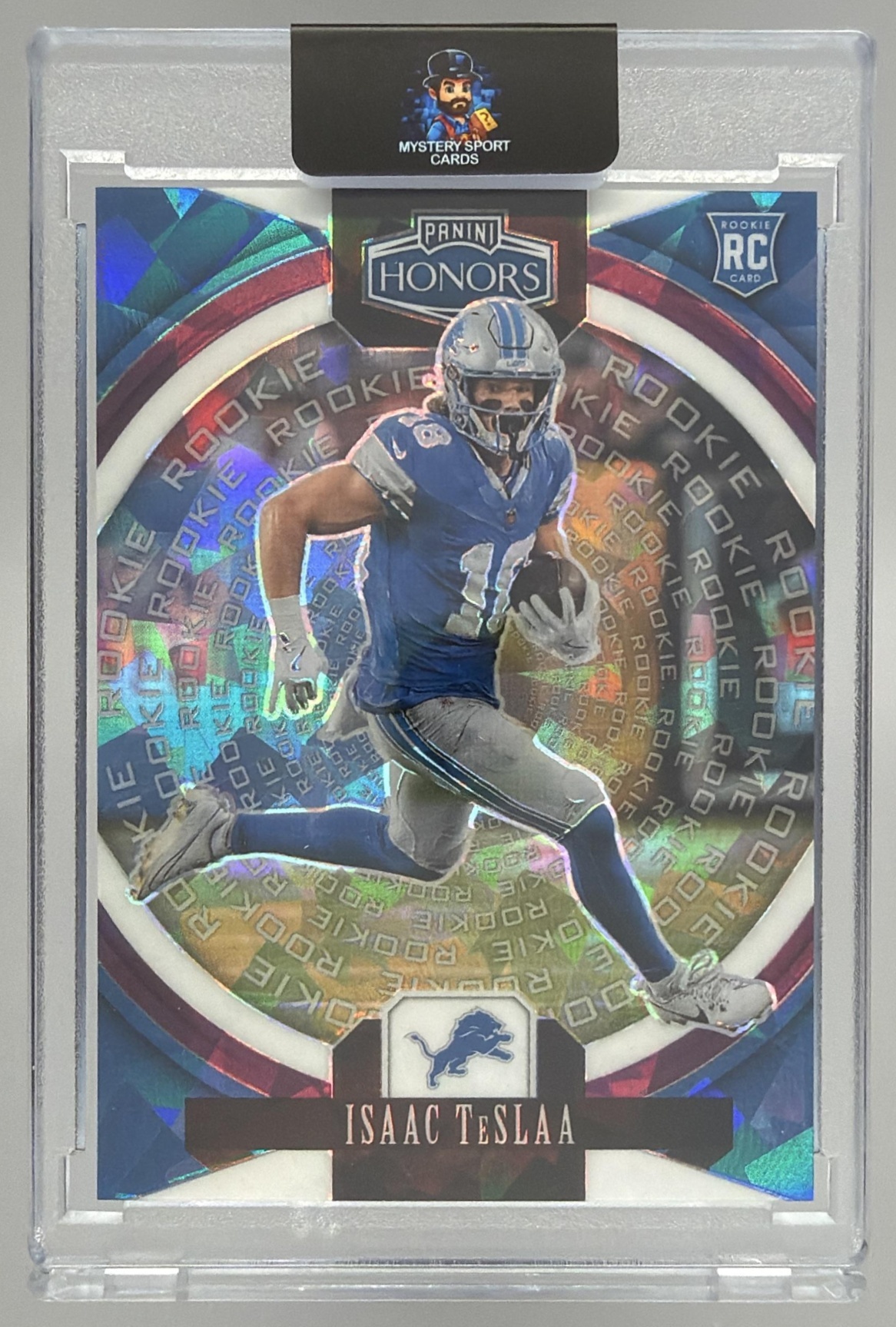 Card image for 2025 Panini Football Honors Isaac TeSlaa Rookies Purple /12 #40 RC Detroit Lions