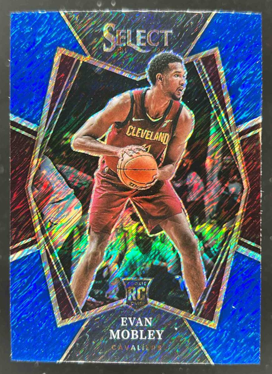 Card image for 2021-22 Panini Select Evan Mobley Blue Shimmer Prizms #110 RC Premier Rookie