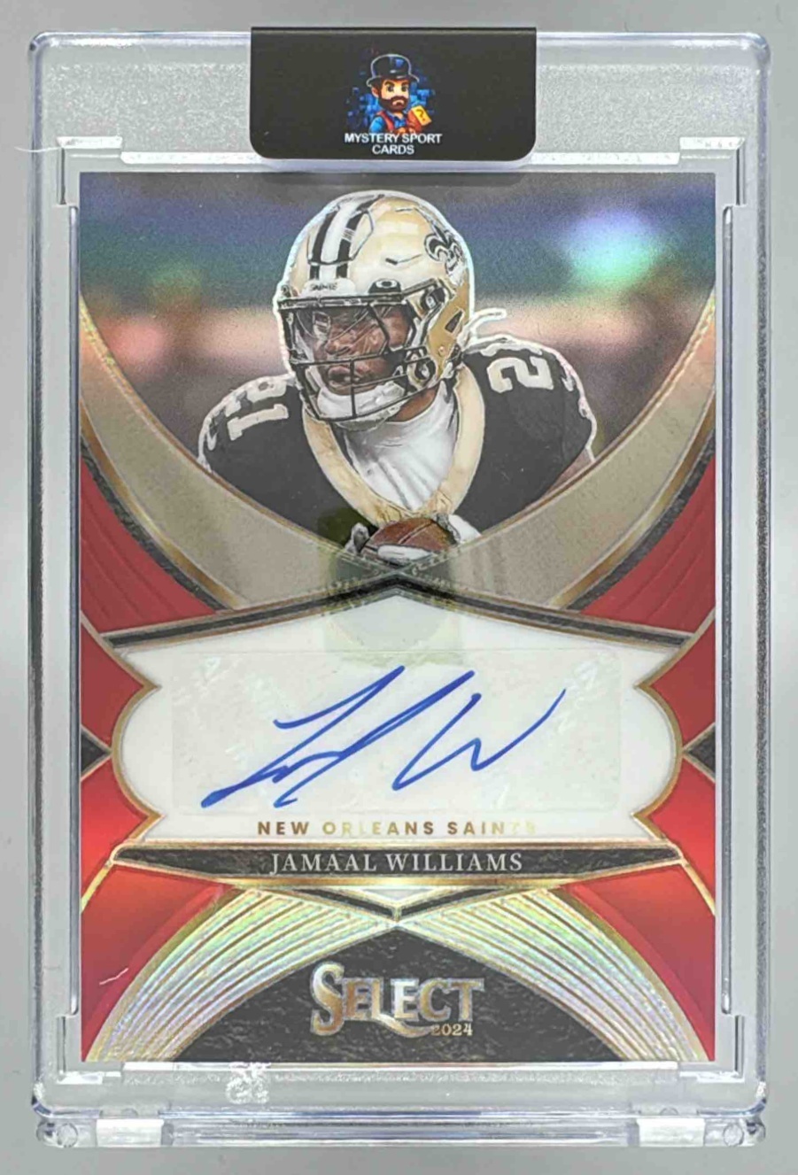 Card image for 2024 Panini Select Jamaal Williams Signatures Red Prizm /75 #SSP-JWS Auto Saints