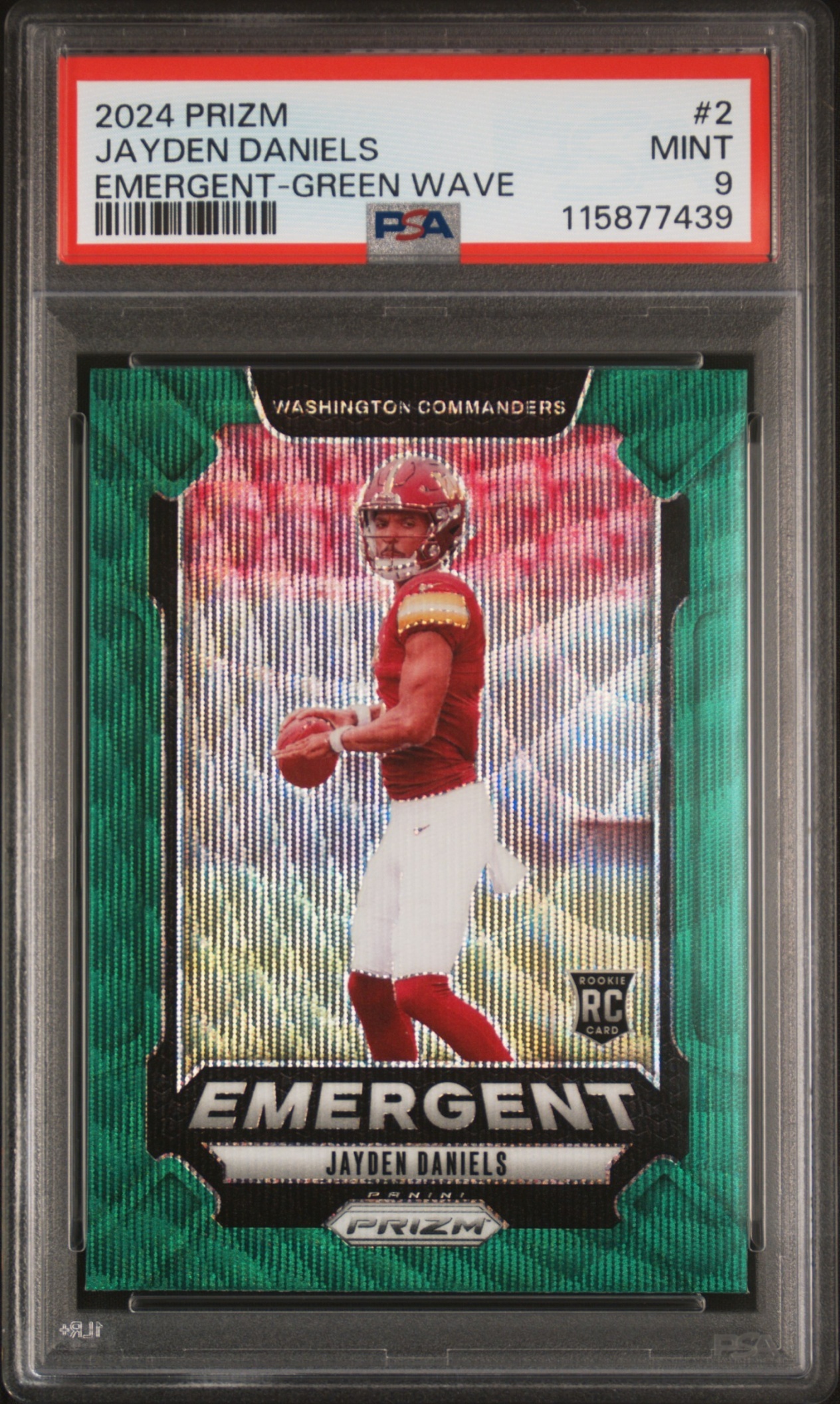 Card image for 2024 Panini Prizm Jayden Daniels Emergent Green Wave #2 RC Commanders