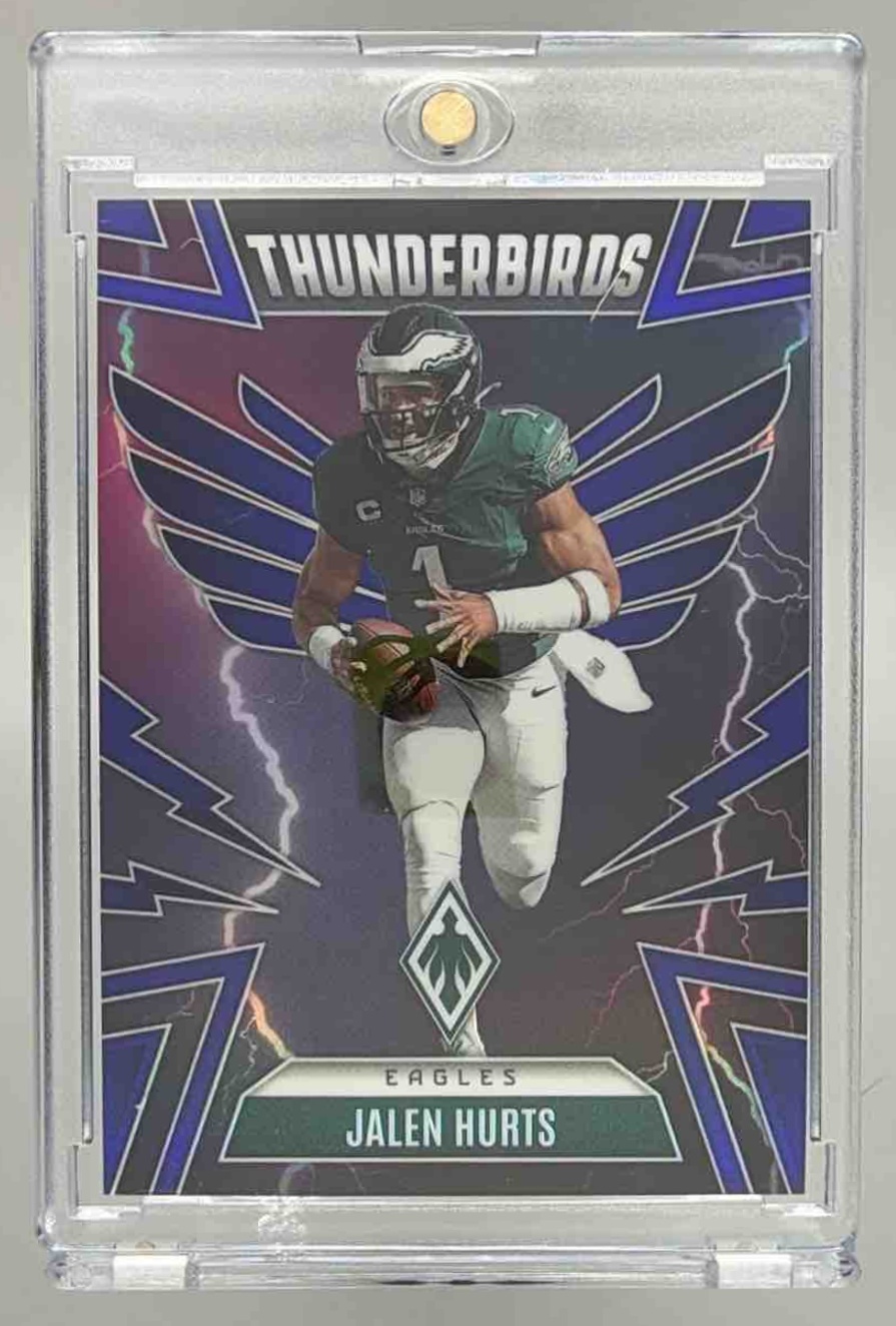 Card image for 2025 Panini Phoenix Jalen Hurts Thunderbirds Blue Prizm /199 #41 Eagles