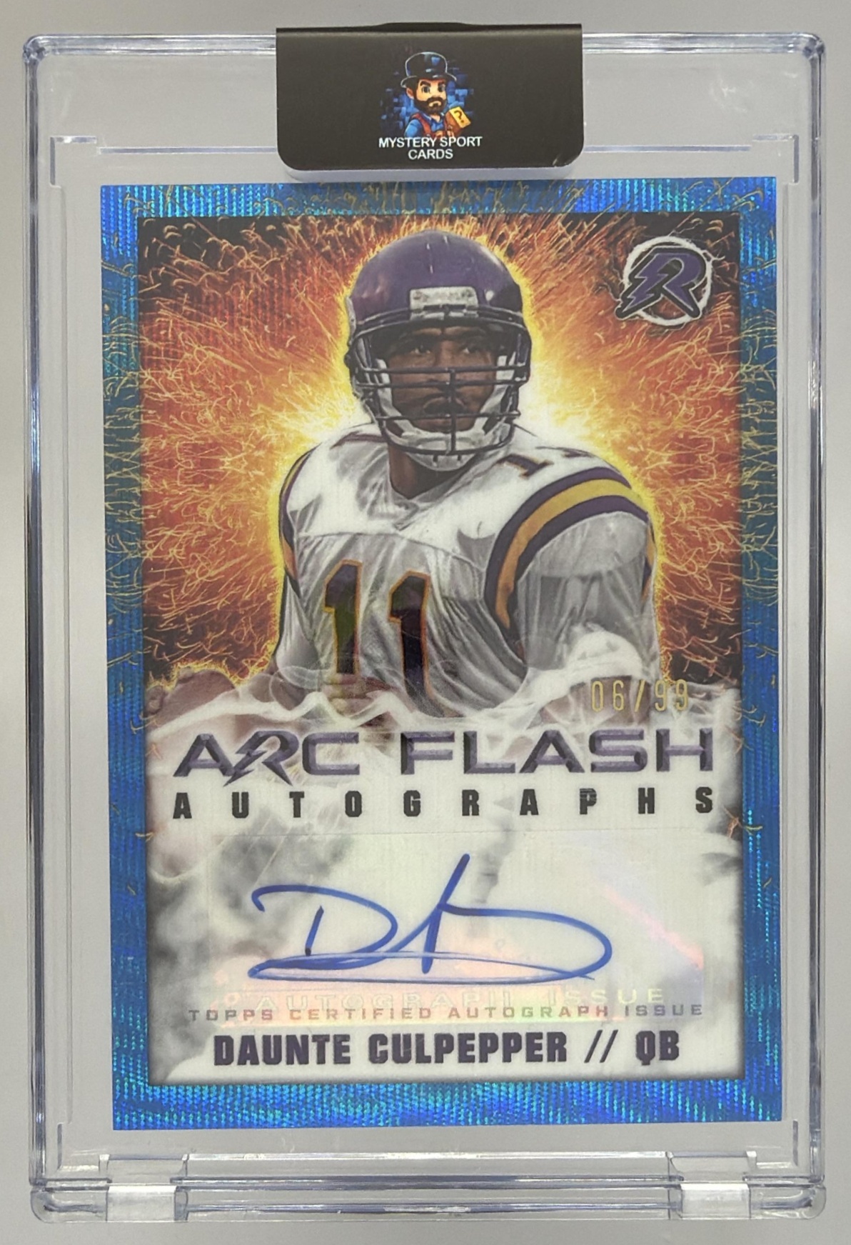 Card image for 2024 Topps Resurgence Daunte Culpepper Arc Flash Auto Blue Surge /99 #AFA-DCU Vikings
