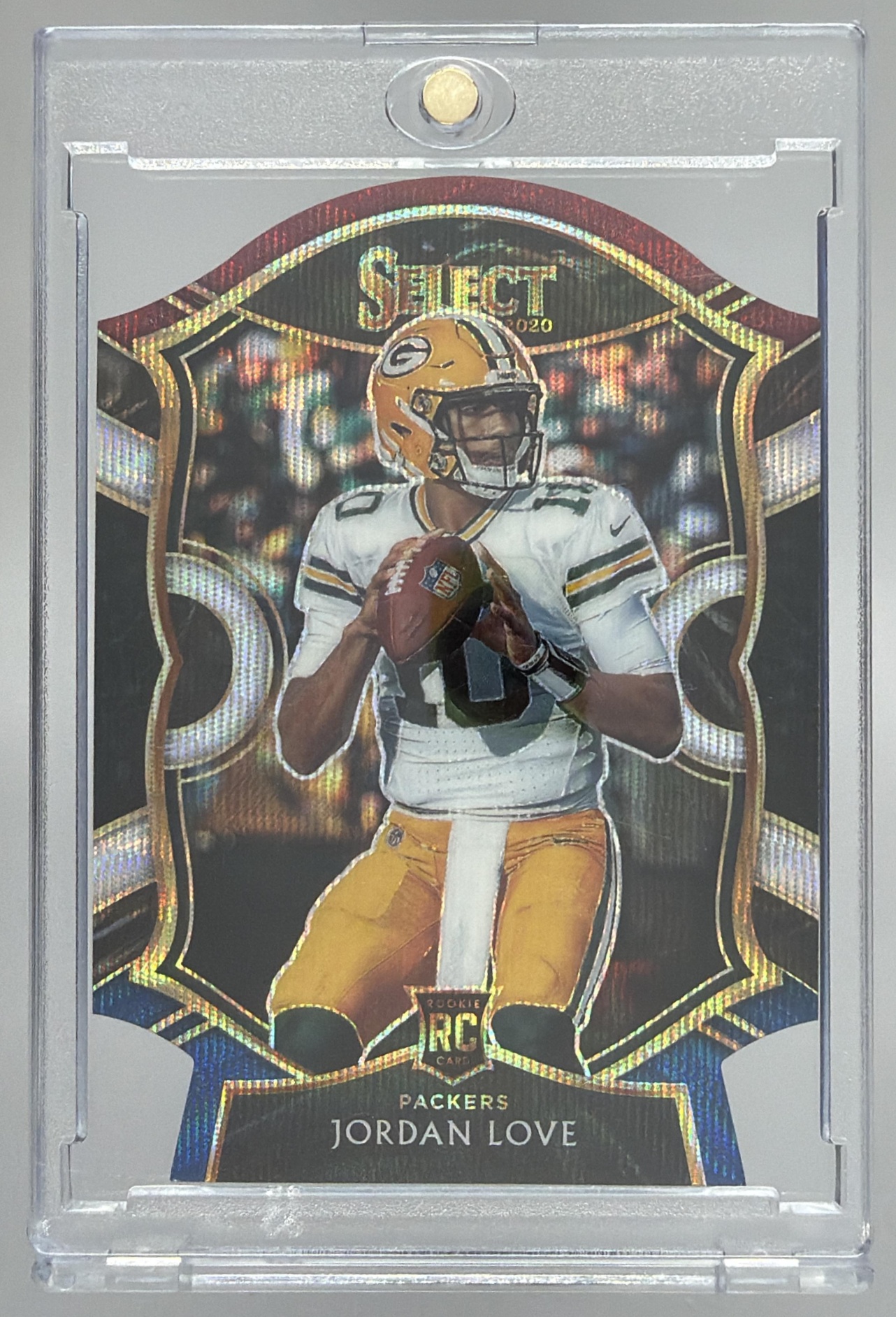 Card image for 2020 Panini Select Jordan Love Tri Color Prizm Die Cut #47 RC Concourse Packers