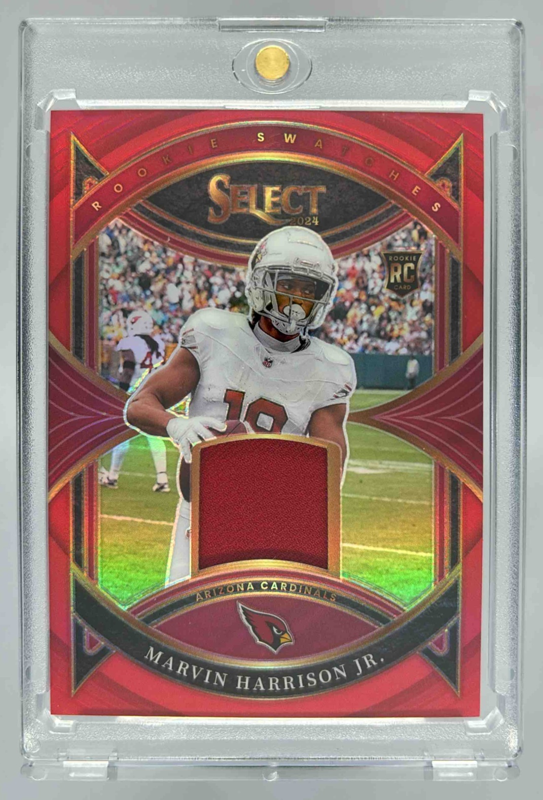Card image for 2024 Panini Select Marvin Harrison Jr. Rookie Swatches Red Prizm #RS-MHJ MEM RC Cardinals