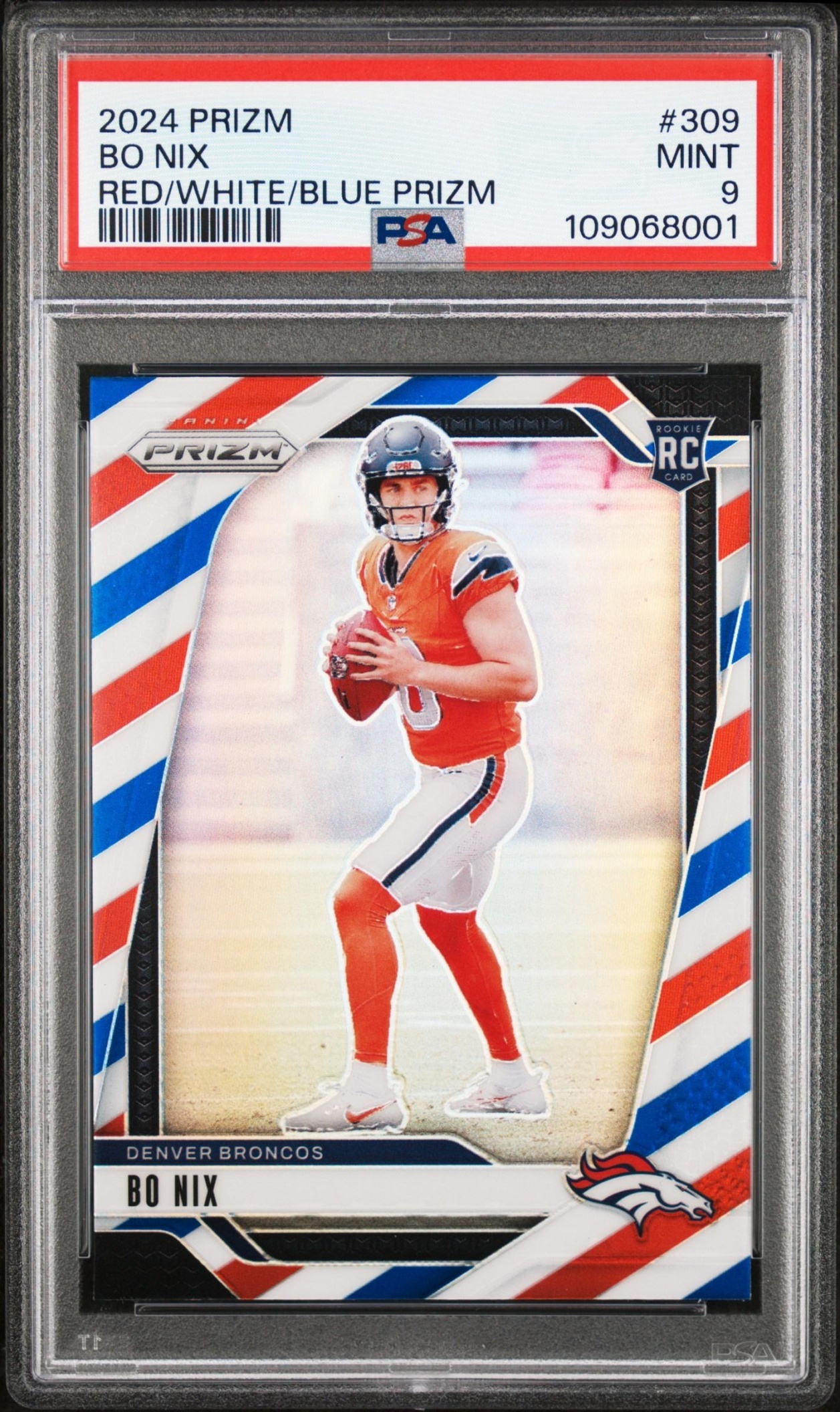 Card image for 2024 Panini Football Prizm Bo Nix Red White and Blue #309 RC Denver Broncos