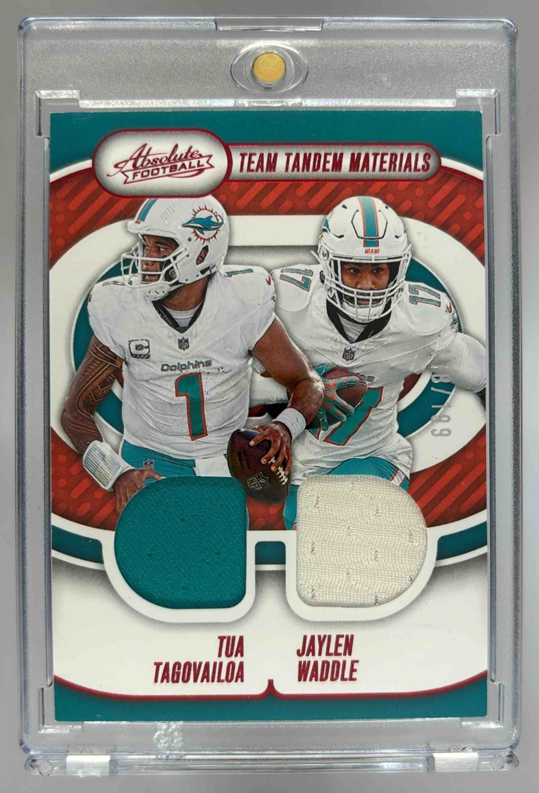 Card image for 2024 Panini Absolute Tua Tagovailoa Jaylen Waddle Team Tandem Materials /199 #TTM-MIA MEM Dolphins