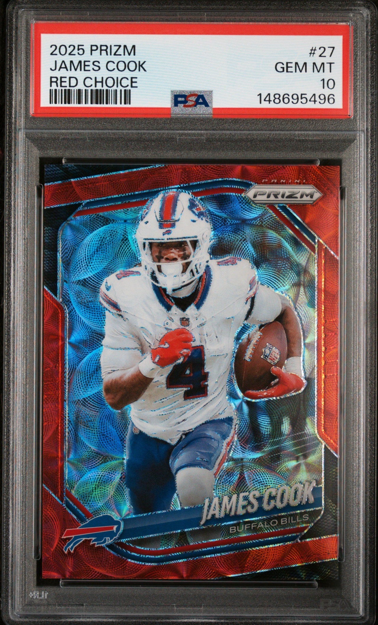 Card image for 2025 Panini Football Prizm James Cook Choice Red /20 #27 Buffalo Bills