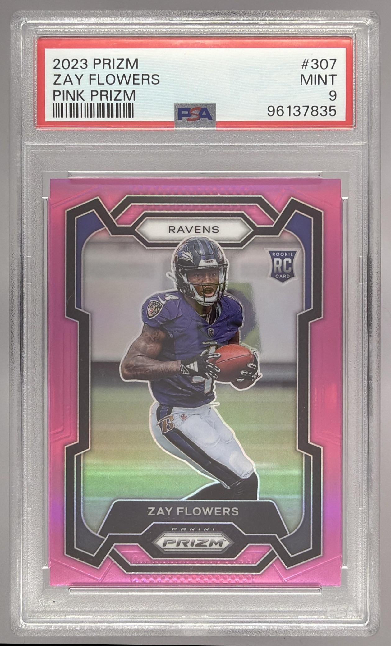Card image for 2023 Panini Football Prizm Zay Flowers Pink #307 RC Baltimore Ravens