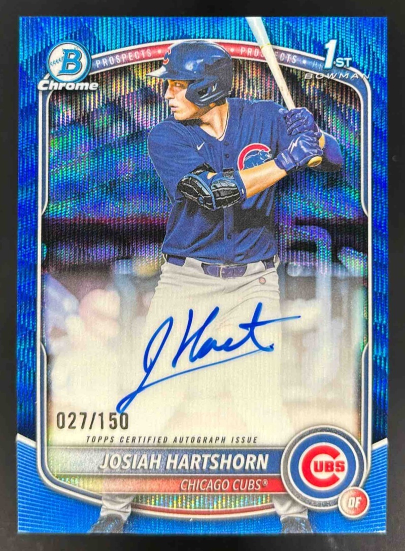 Card image for 2025 Bowman Draft Josiah Hartshorn Chrome Auto Blue Wave Refractor /150 1st