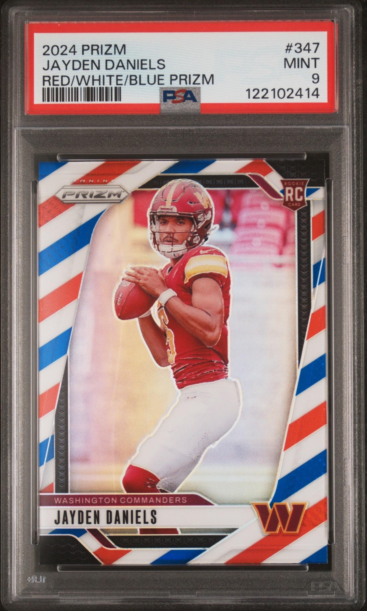 Card image for 2024 Panini Prizm Jayden Daniels Red White and Blue #347 RC Commanders