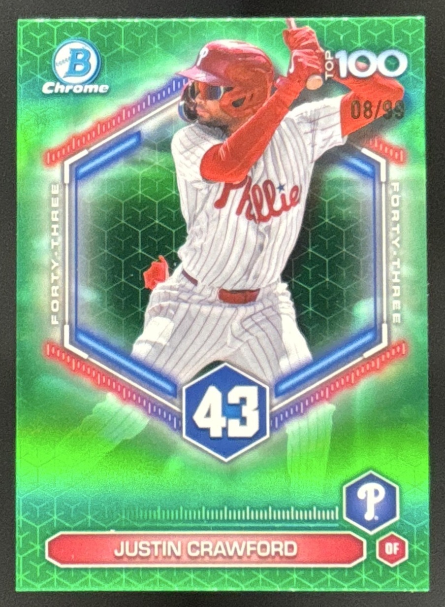 Card image for 2026 Bowman Justin Crawford Scouts Top 100 Chrome Green Refractor /99