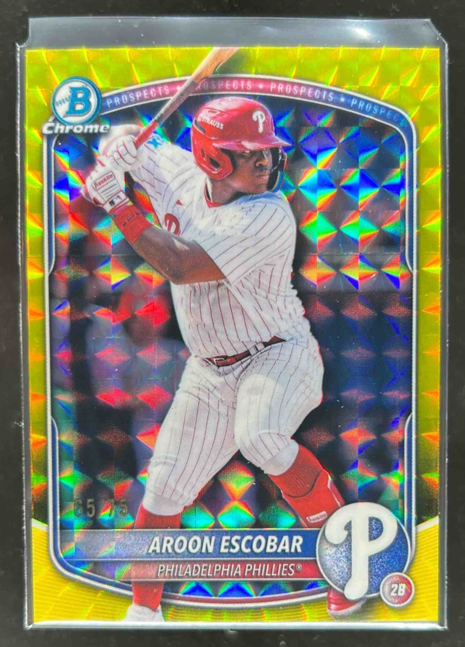 Card image for Aroon Escobar 2025 Bowman Draft Chrome Yellow Geometric Refractor /75