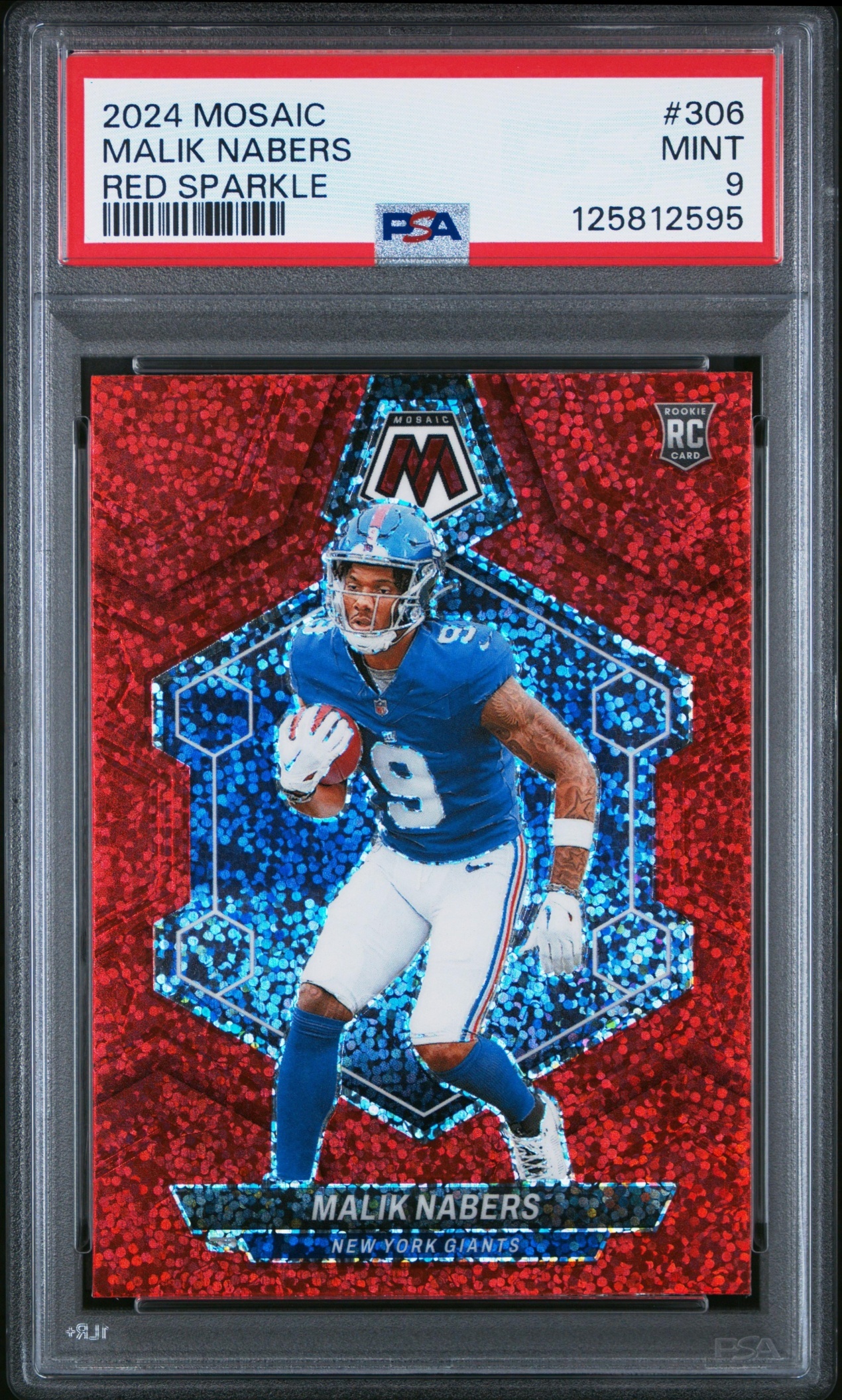 Card image for 2024 Panini Mosaic Malik Nabers Red Sparkle Prizm #306 RC Giants