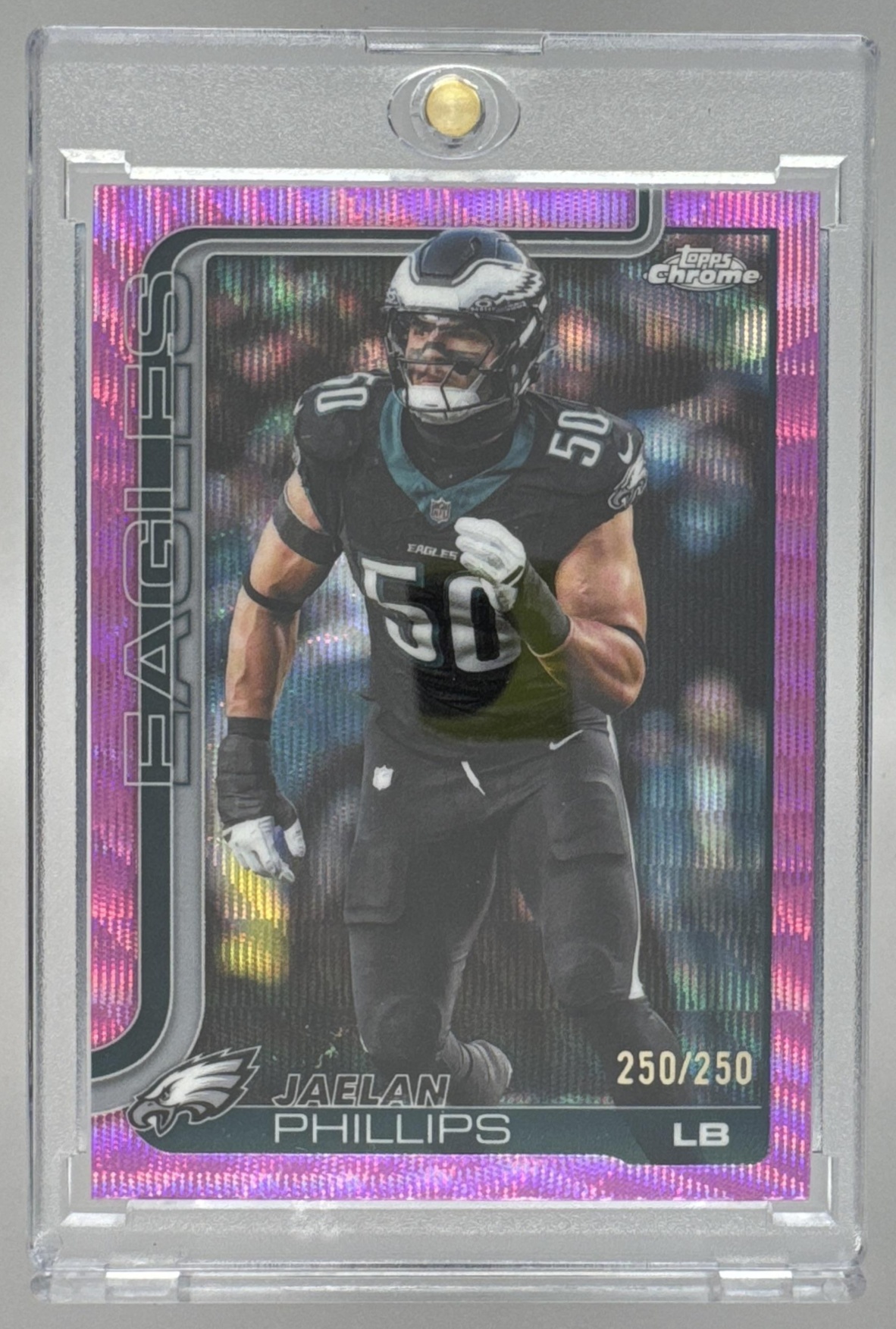 Card image for 2025 Topps Chrome Jaelan Phillips Pink Wave Refractor /250 #192 Eagles