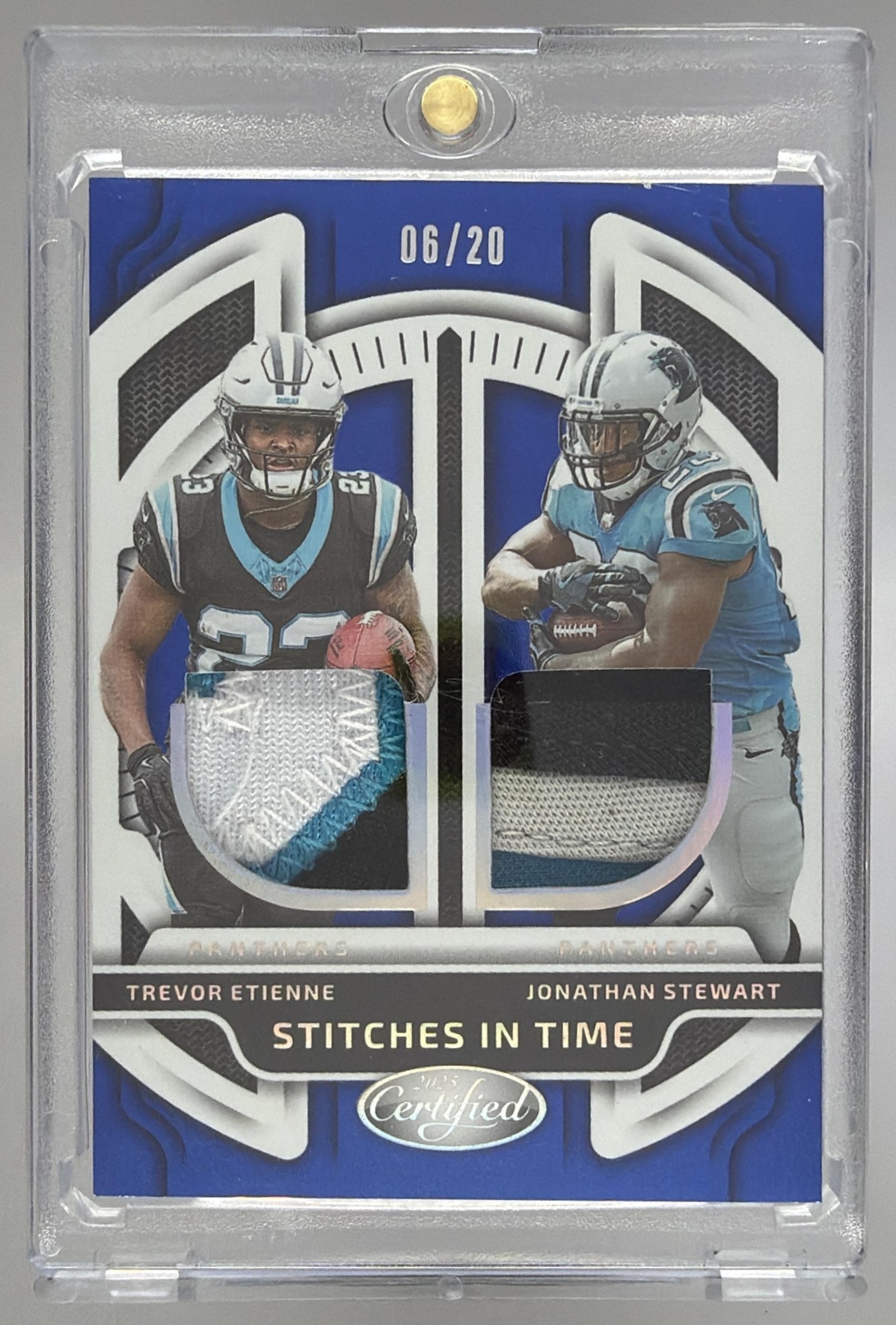 Card image for 2025 Panini Certified Trevor Etienne Jonathan Stewart Stitches in Time Dual Mirror Etch Blue /20 #SITD-TEJS MEM Panthers