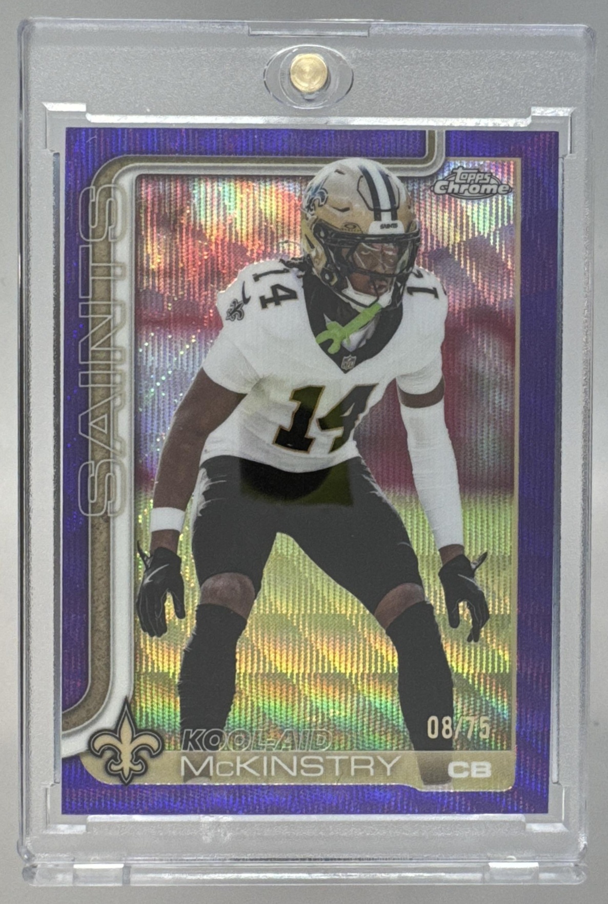 Card image for 2025 Topps Chrome Kool-Aid McKinstry Football Leather Purple Refractor /75 #224 Saints