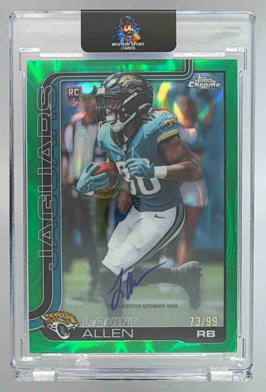 Card image for 2025 Topps Chrome LeQuint Allen Rookie Auto Green Geometric Refractor /99 #RA-LEA RC Jaguars