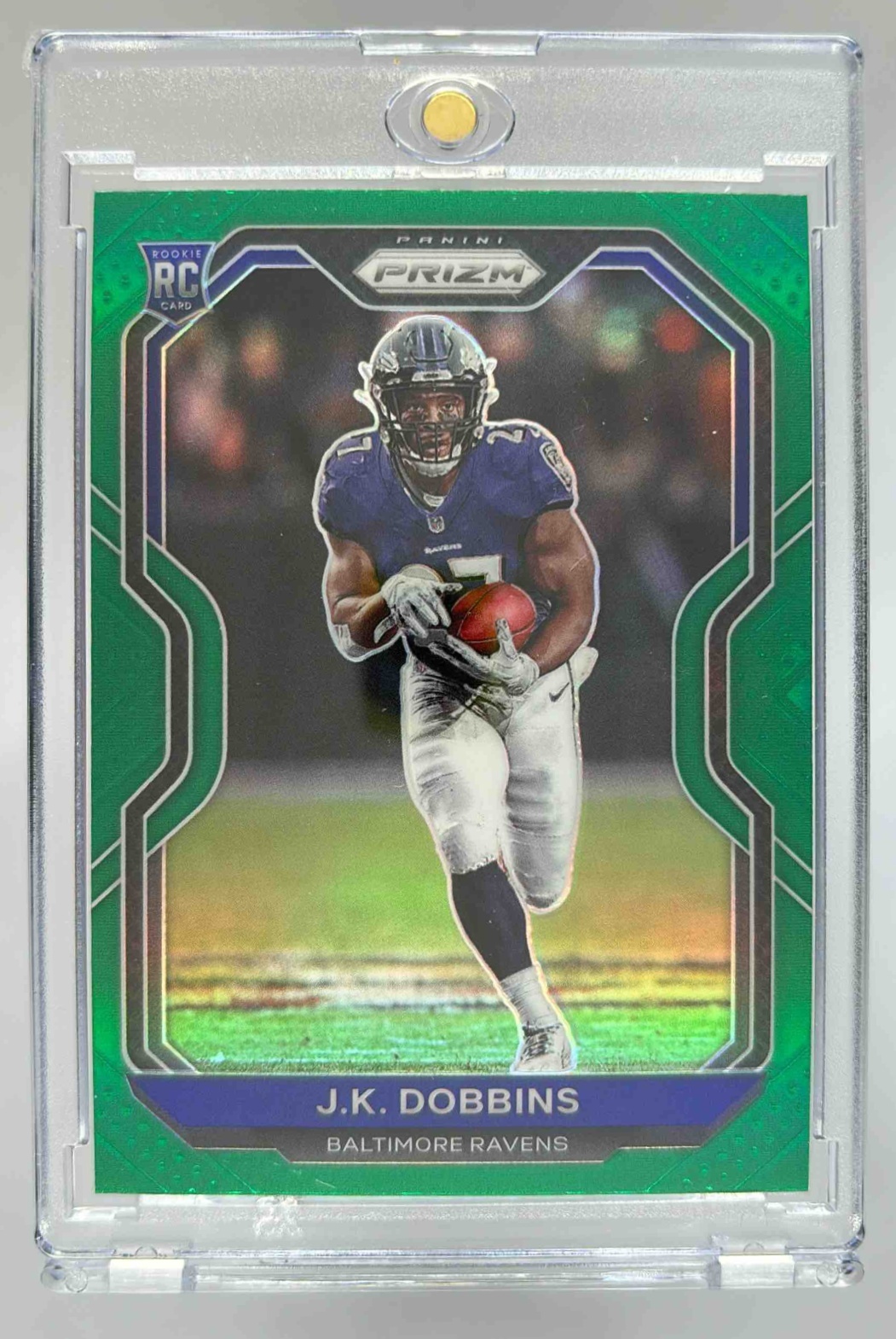 Card image for 2020 Panini Football Prizm J.K. Dobbins Green #379 RC Baltimore Ravens