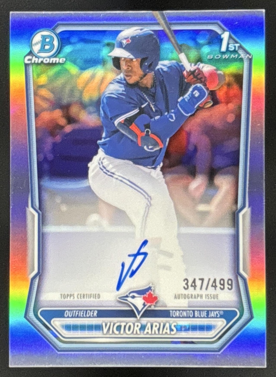 Card image for Victor Arias 2026 Bowman Refractor /499 Chrome Prospect Auto Toronto Blue Jays