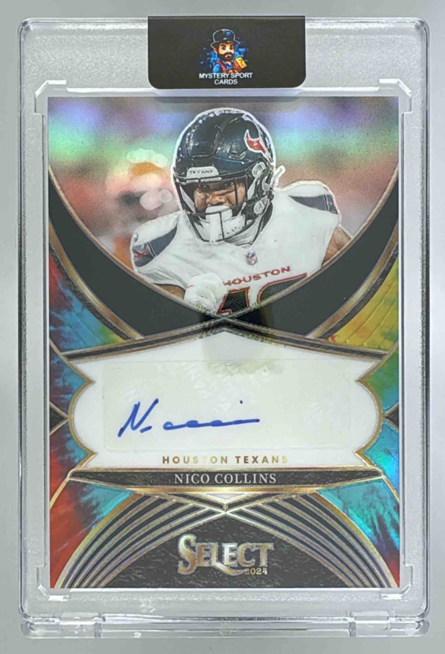 Card image for 2024 Panini Select Nico Collins Signatures Tie-Dye Prizm /25 #SSP-NCS Auto Texans