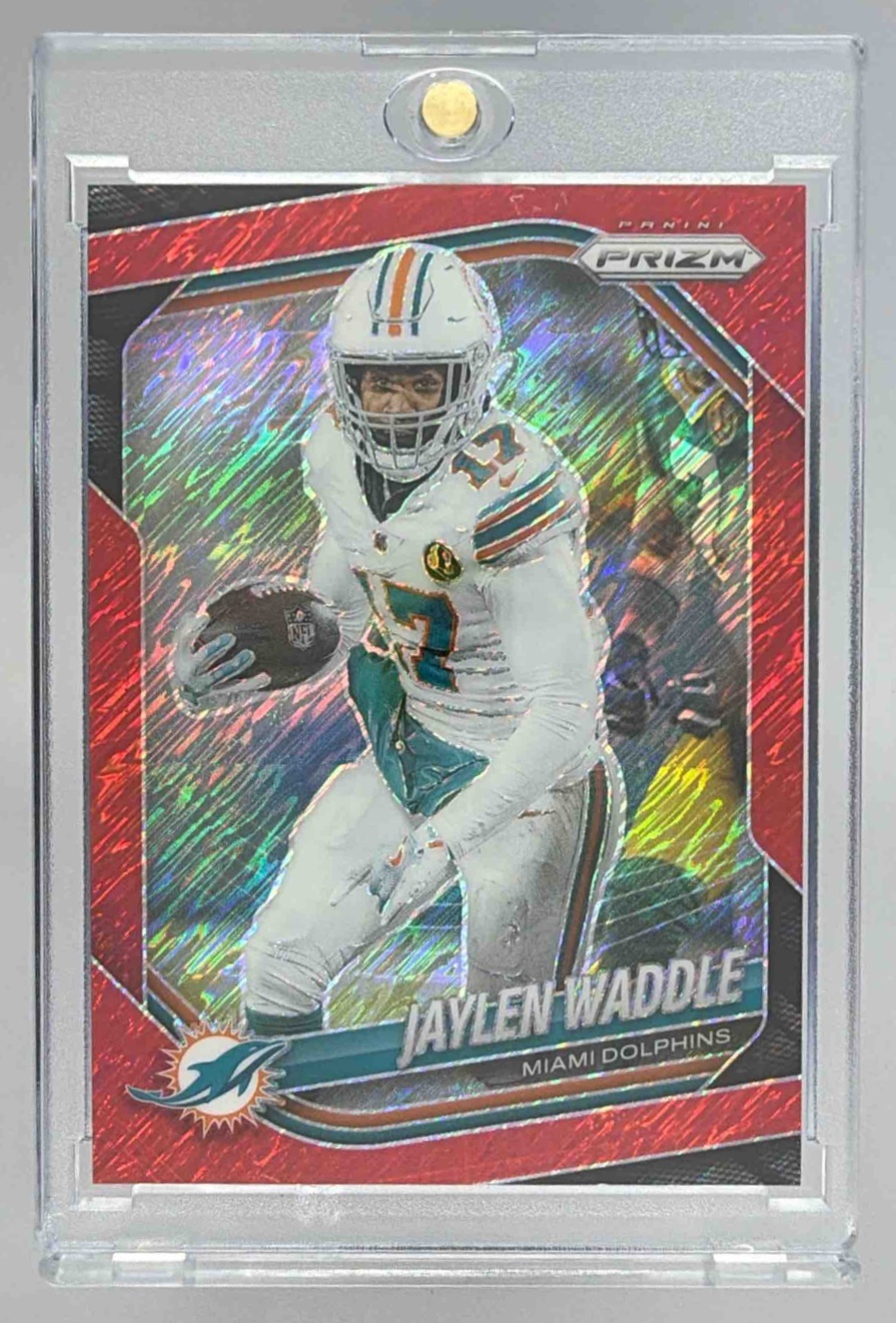 Card image for 2025 Panini Football Prizm Jaylen Waddle Red Shimmer /49 #172 Miami Dolphins